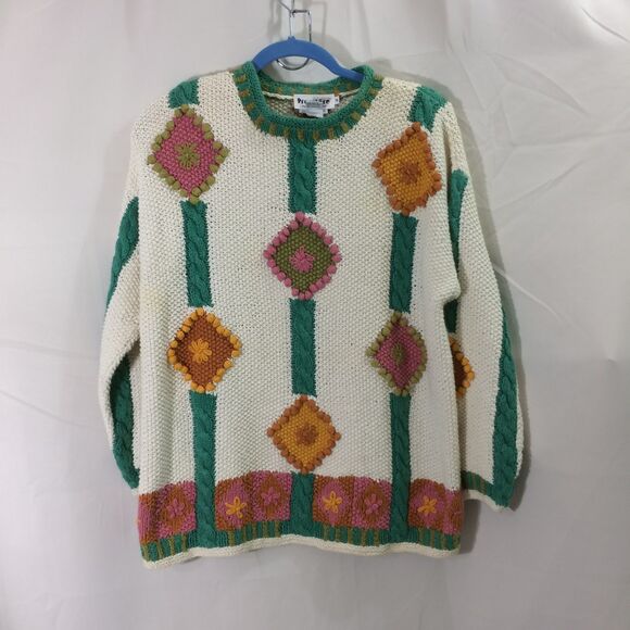 Vintage Premiere Hand Knit Sweater Size S Oversized Geometric 80s Ramie Cotton - Picture 1 of 4
